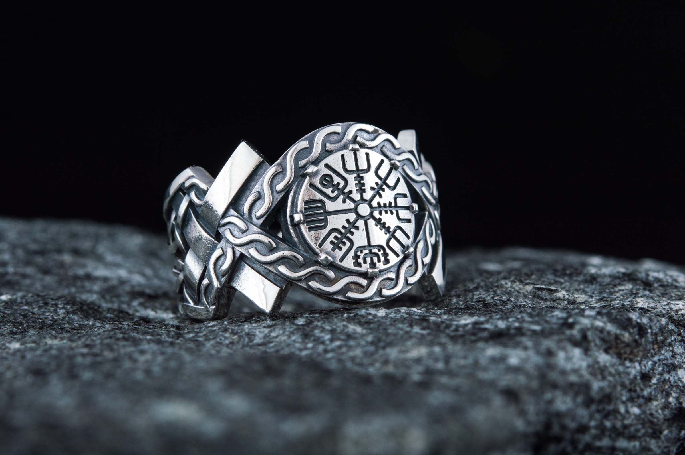 Vegvisir Symbol with Norse Ornament Ring Norse Jewelry - vikingworkshop