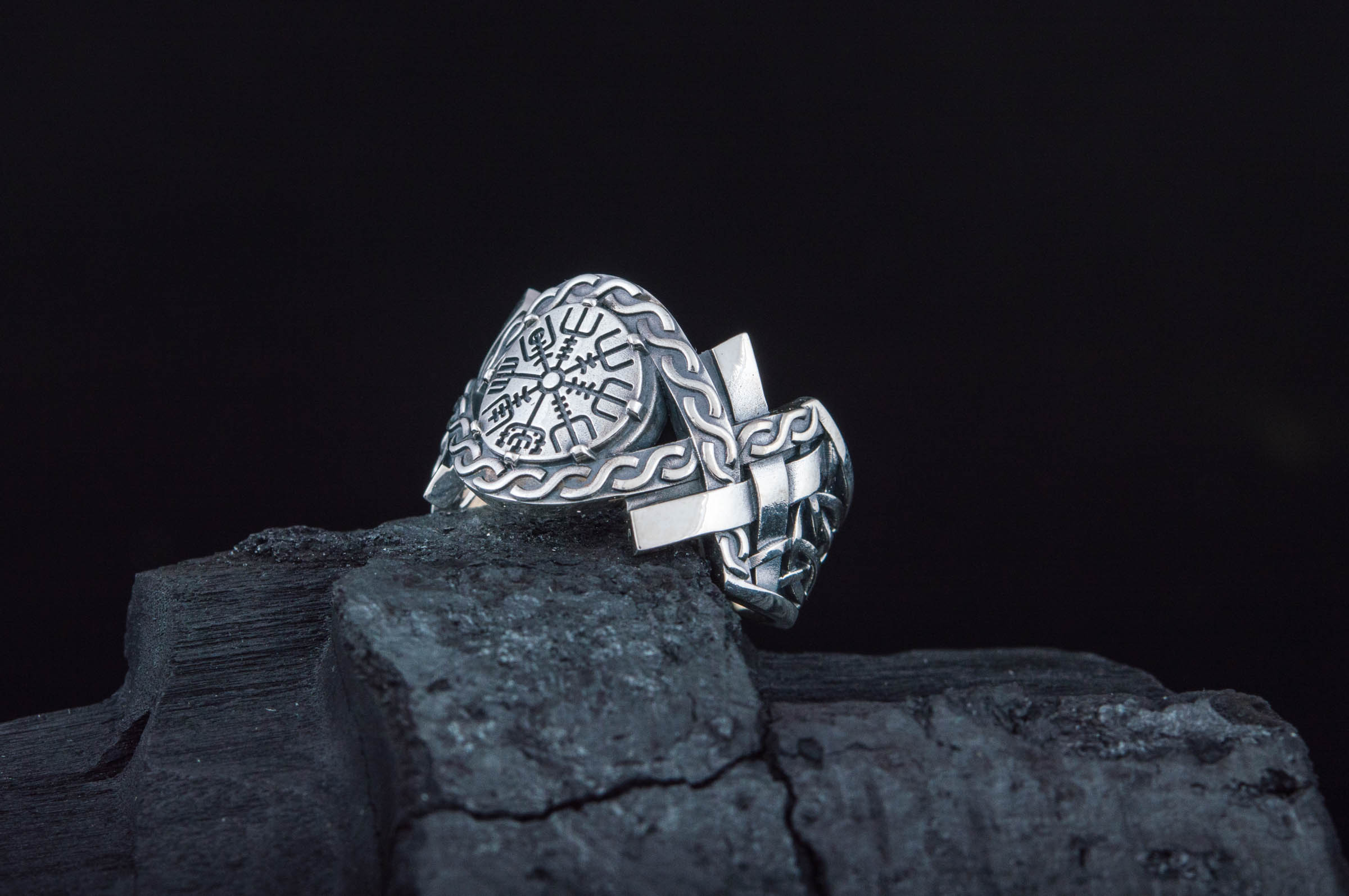 Vegvisir Symbol with Norse Ornament Ring Norse Jewelry - vikingworkshop