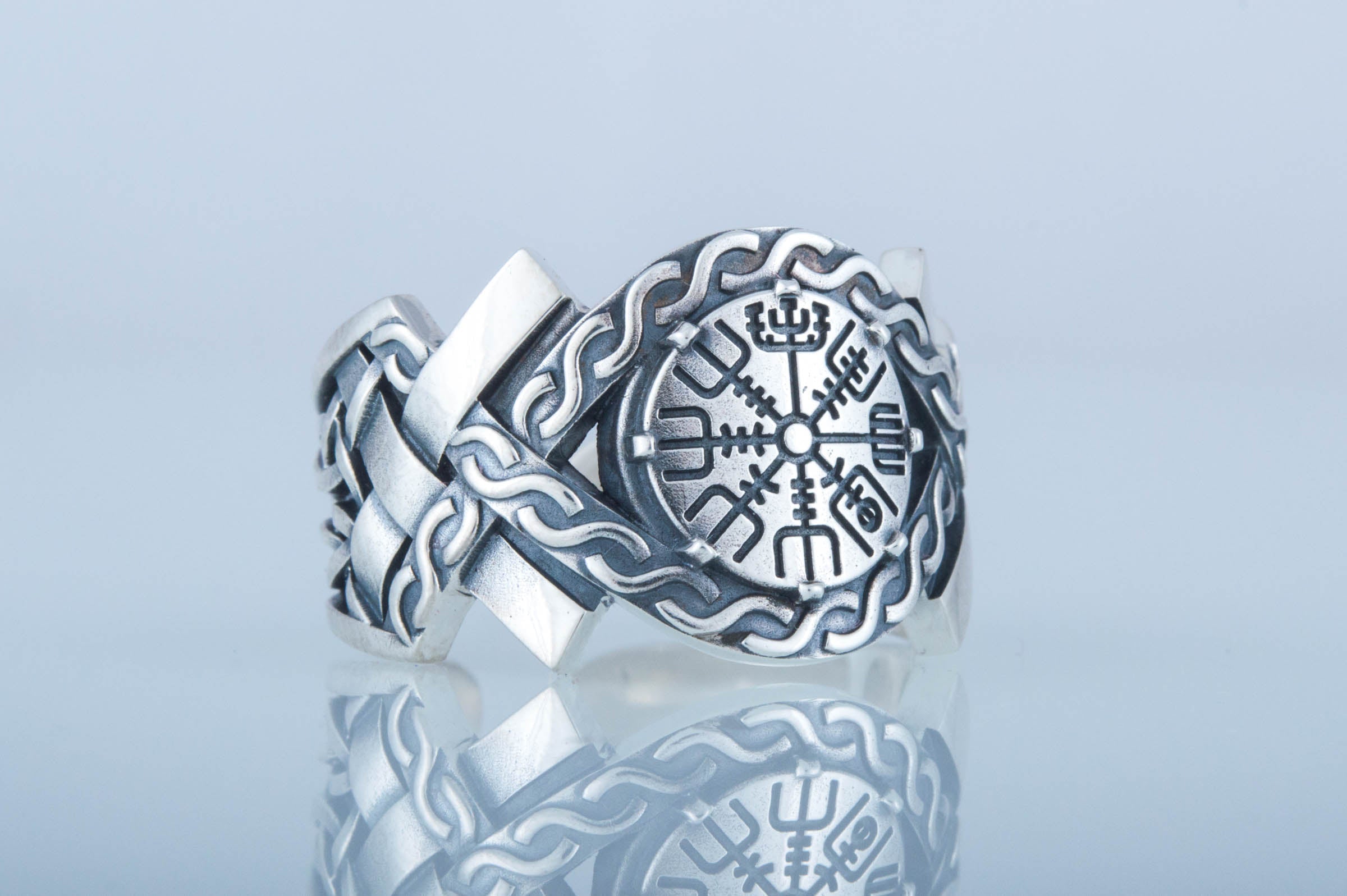 Vegvisir Symbol with Norse Ornament Ring Norse Jewelry - vikingworkshop