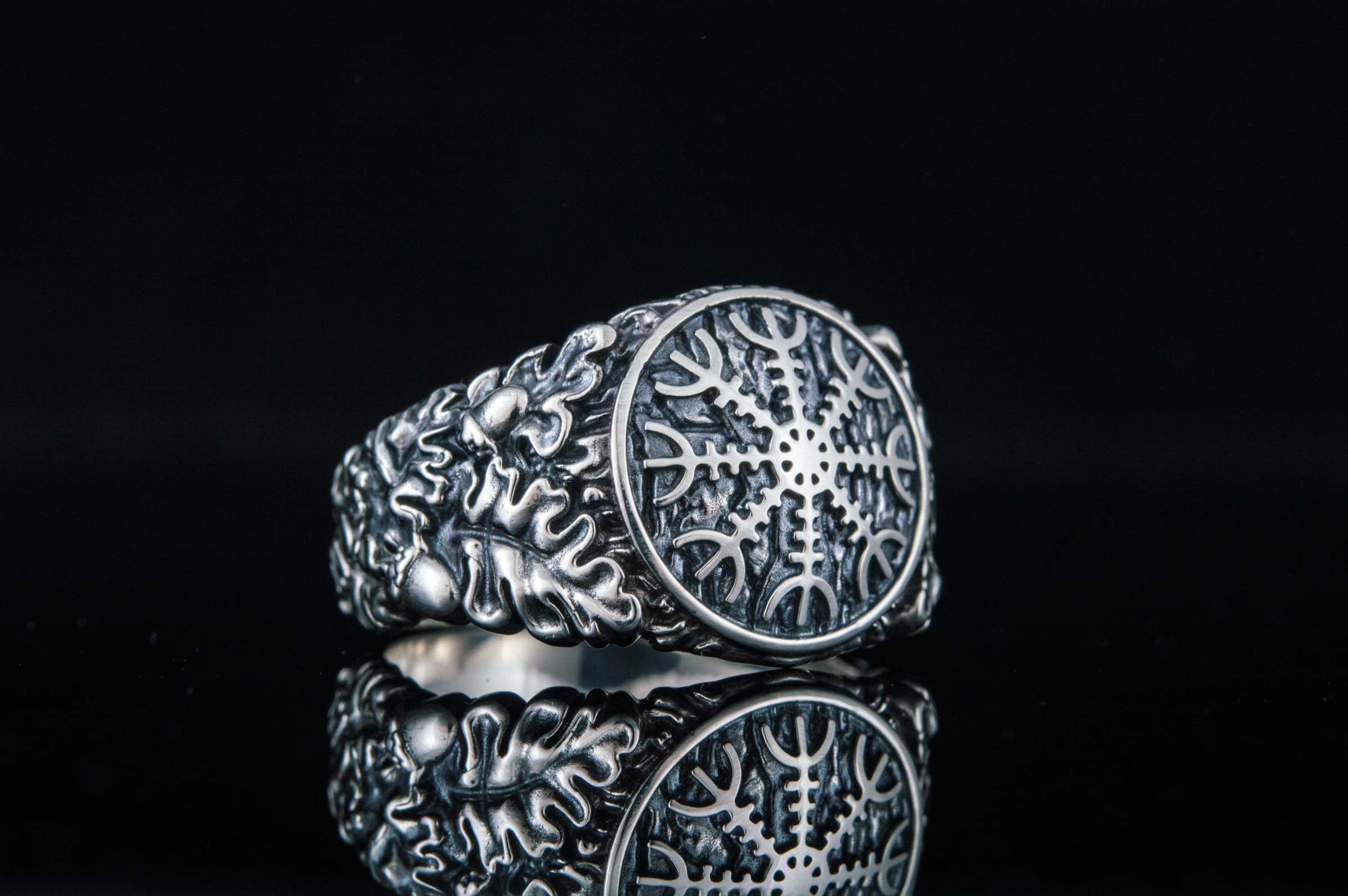 Helm of Awe Symbol with Oak Leaves and Acorns Sterling Silver Norse Ring - vikingworkshop