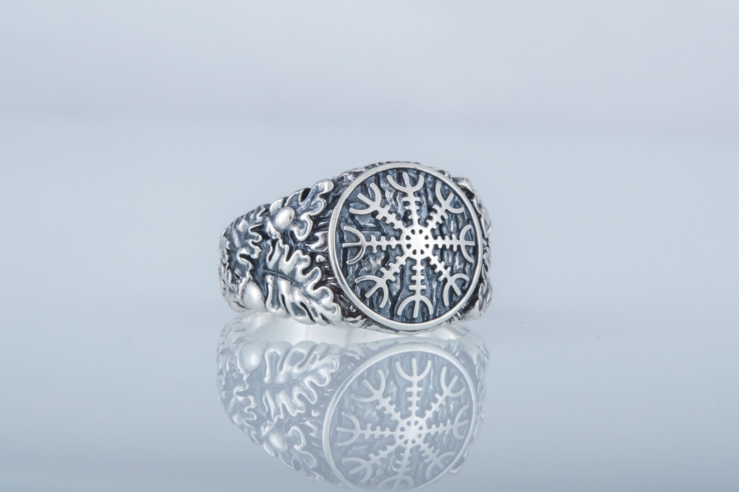 Helm of Awe Symbol with Oak Leaves and Acorns Sterling Silver Norse Ring - vikingworkshop