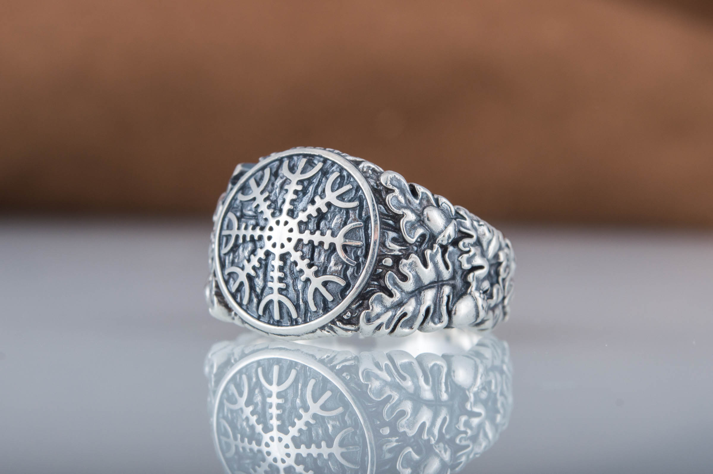 Helm of Awe Symbol with Oak Leaves and Acorns Sterling Silver Norse Ring - vikingworkshop