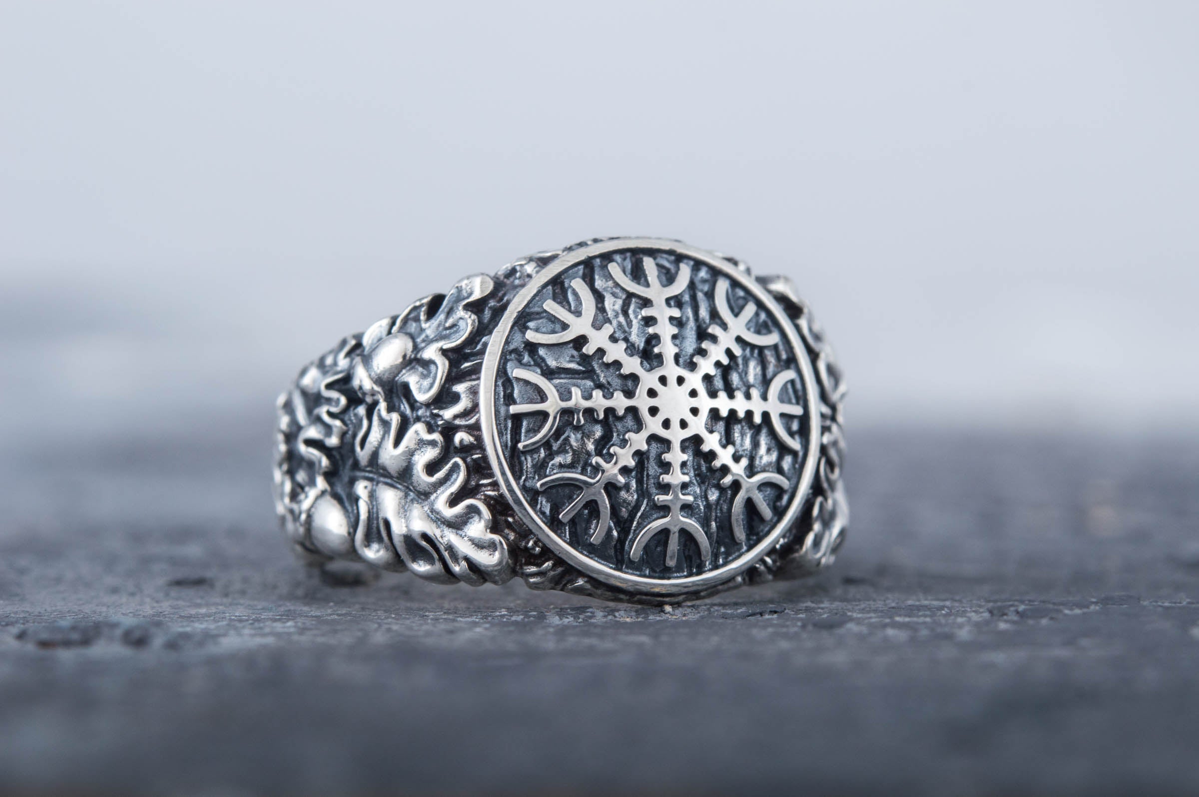 Helm of Awe Symbol with Oak Leaves and Acorns Sterling Silver Norse Ring - vikingworkshop