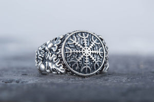 Helm of Awe Symbol with Oak Leaves and Acorns Sterling Silver Norse Ring - vikingworkshop