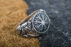 Helm of Awe Symbol with Oak Leaves and Acorns Sterling Silver Norse Ring - vikingworkshop