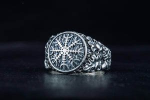 Helm of Awe Symbol with Oak Leaves and Acorns Sterling Silver Norse Ring - vikingworkshop