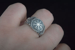 Helm of Awe Symbol with Oak Leaves and Acorns Sterling Silver Norse Ring - vikingworkshop