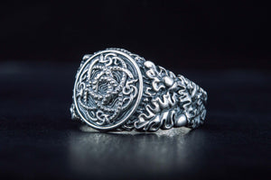 Jormungandr Symbol with Oak Leaves and Acorns Sterling Silver Viking Ring - vikingworkshop