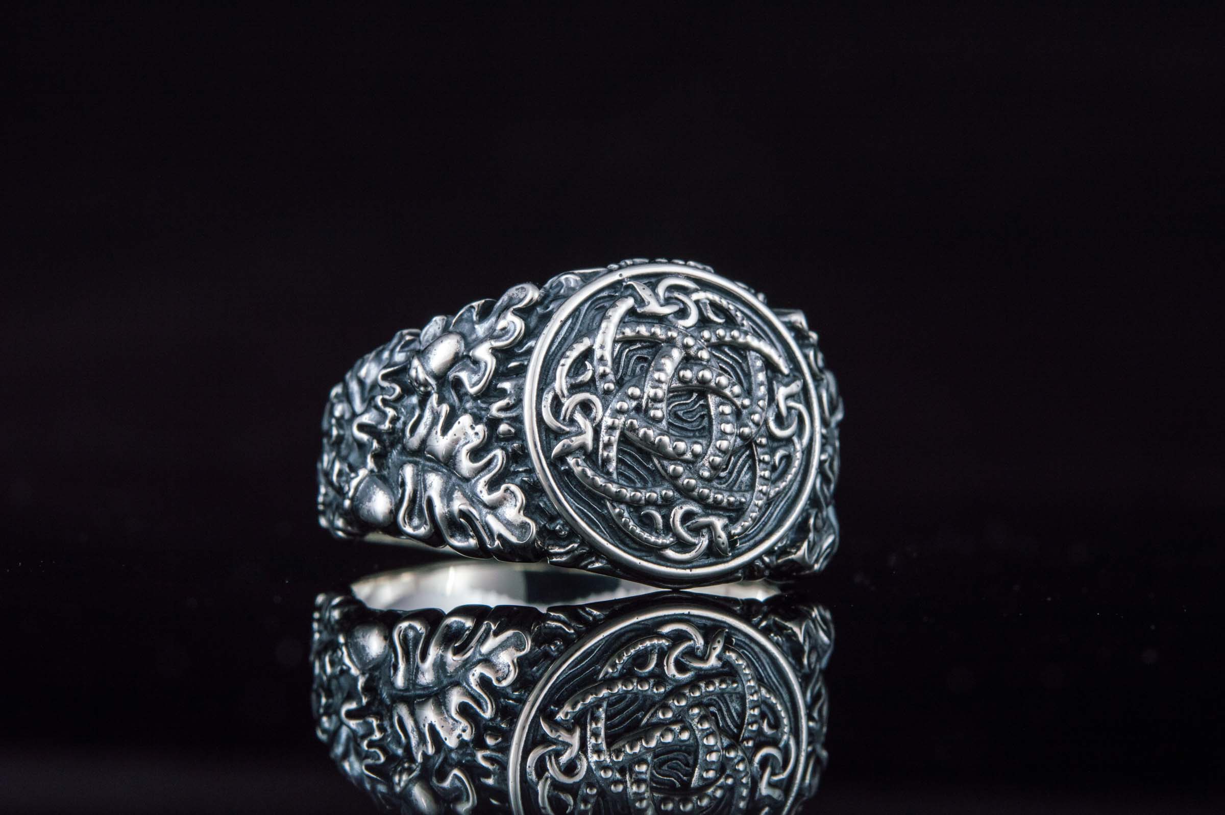 Jormungandr Symbol with Oak Leaves and Acorns Sterling Silver Viking Ring - vikingworkshop