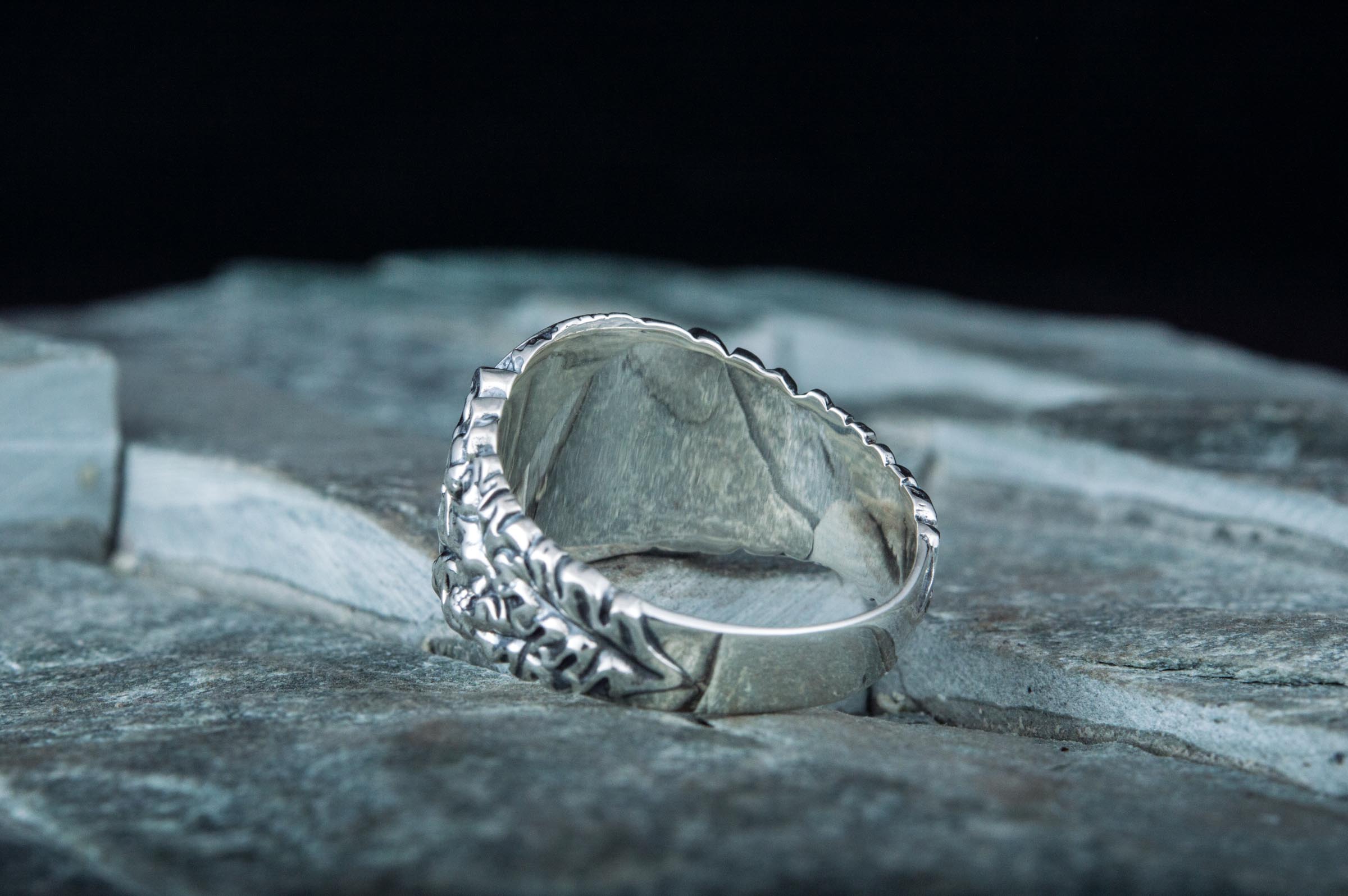 Jormungandr Symbol with Oak Leaves and Acorns Sterling Silver Viking Ring - vikingworkshop