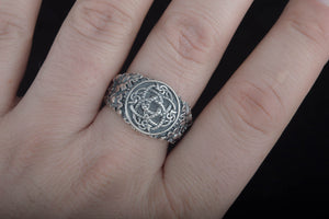 Jormungandr Symbol with Oak Leaves and Acorns Sterling Silver Viking Ring - vikingworkshop