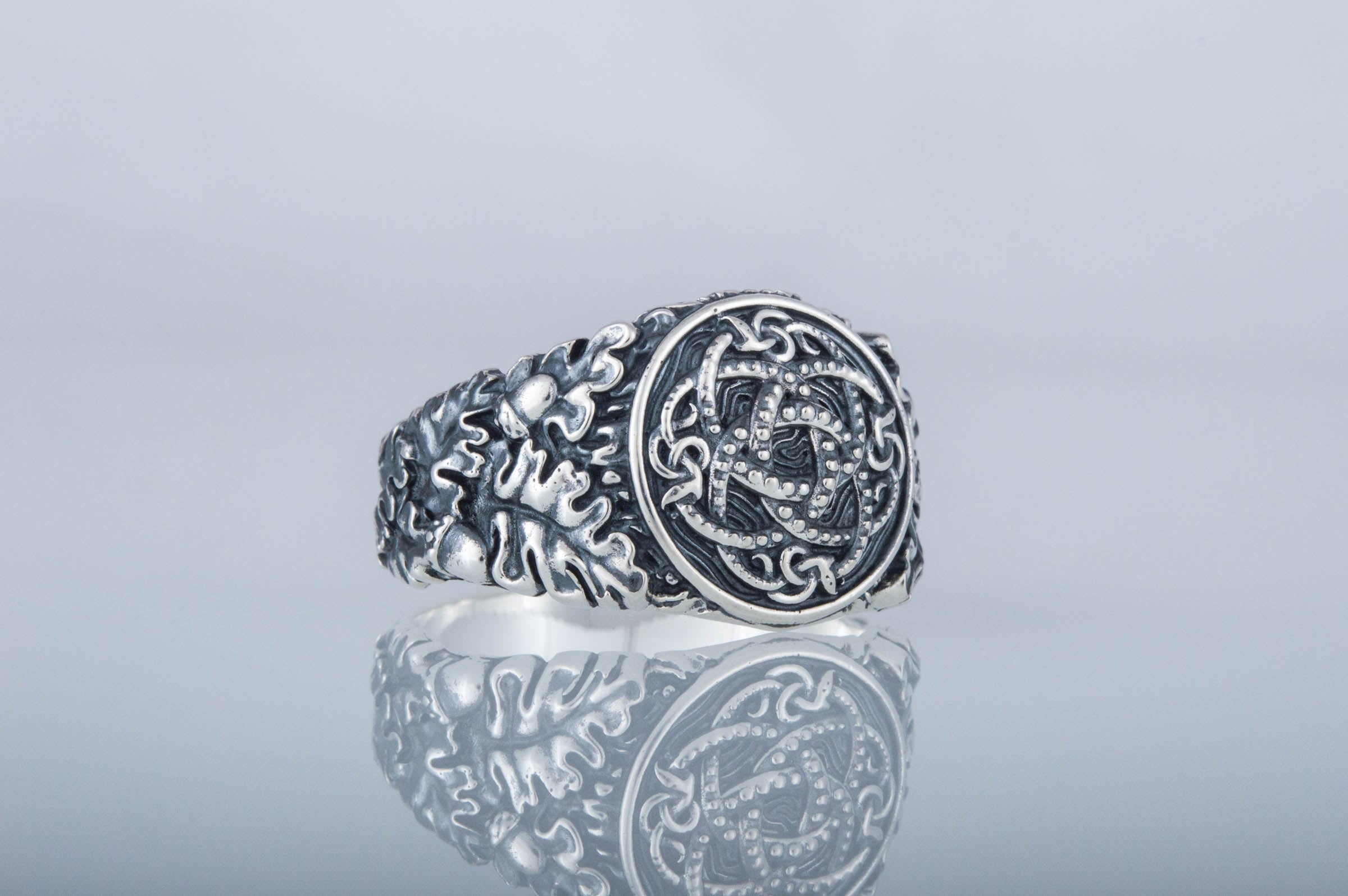 Jormungandr Symbol with Oak Leaves and Acorns Sterling Silver Viking Ring - vikingworkshop