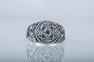 Jormungandr Symbol with Oak Leaves and Acorns Sterling Silver Viking Ring - vikingworkshop