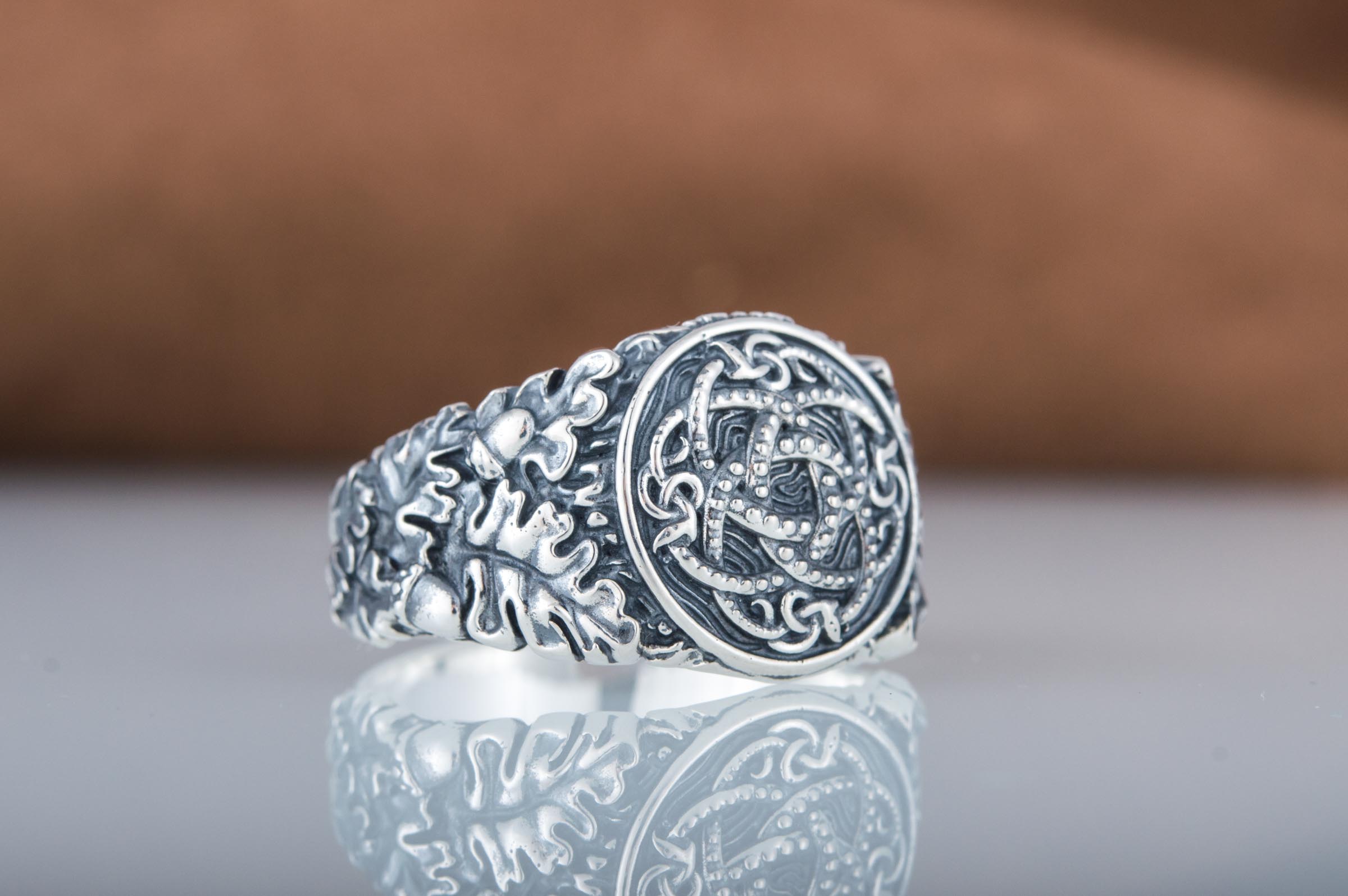 Jormungandr Symbol with Oak Leaves and Acorns Sterling Silver Viking Ring - vikingworkshop