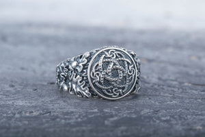 Jormungandr Symbol with Oak Leaves and Acorns Sterling Silver Viking Ring - vikingworkshop