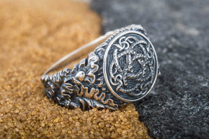 Jormungandr Symbol with Oak Leaves and Acorns Sterling Silver Viking Ring - vikingworkshop