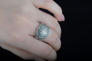 Vegvisir Symbol with Oak Leaves and Acorns Sterling Silver Viking Ring - vikingworkshop