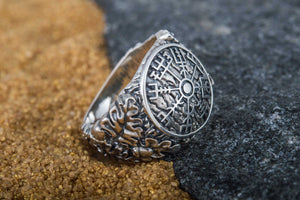 Vegvisir Symbol with Oak Leaves and Acorns Sterling Silver Viking Ring - vikingworkshop