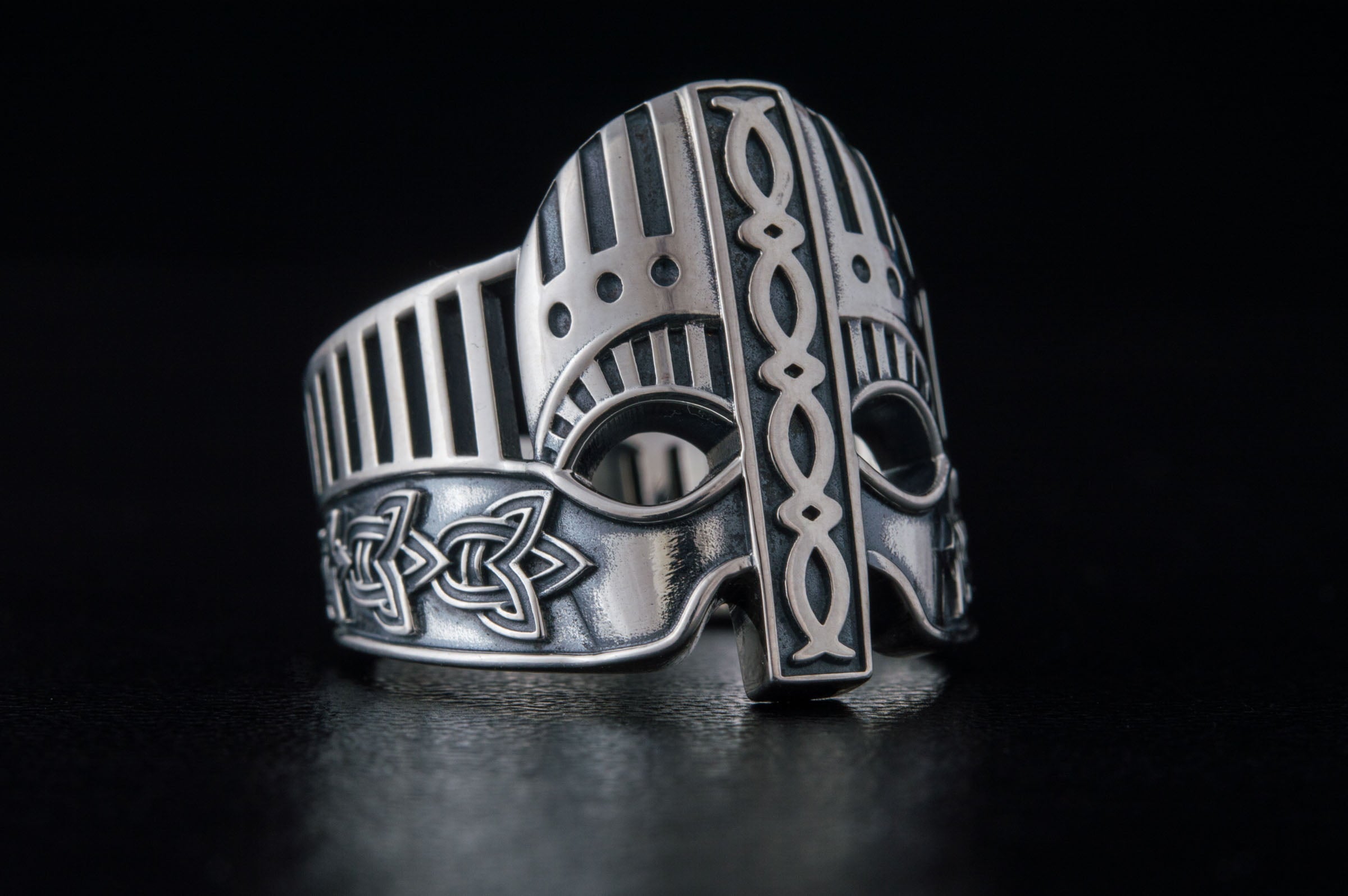 Viking Helmet with Norse Ornament Sterling Silver Unique Ring - vikingworkshop