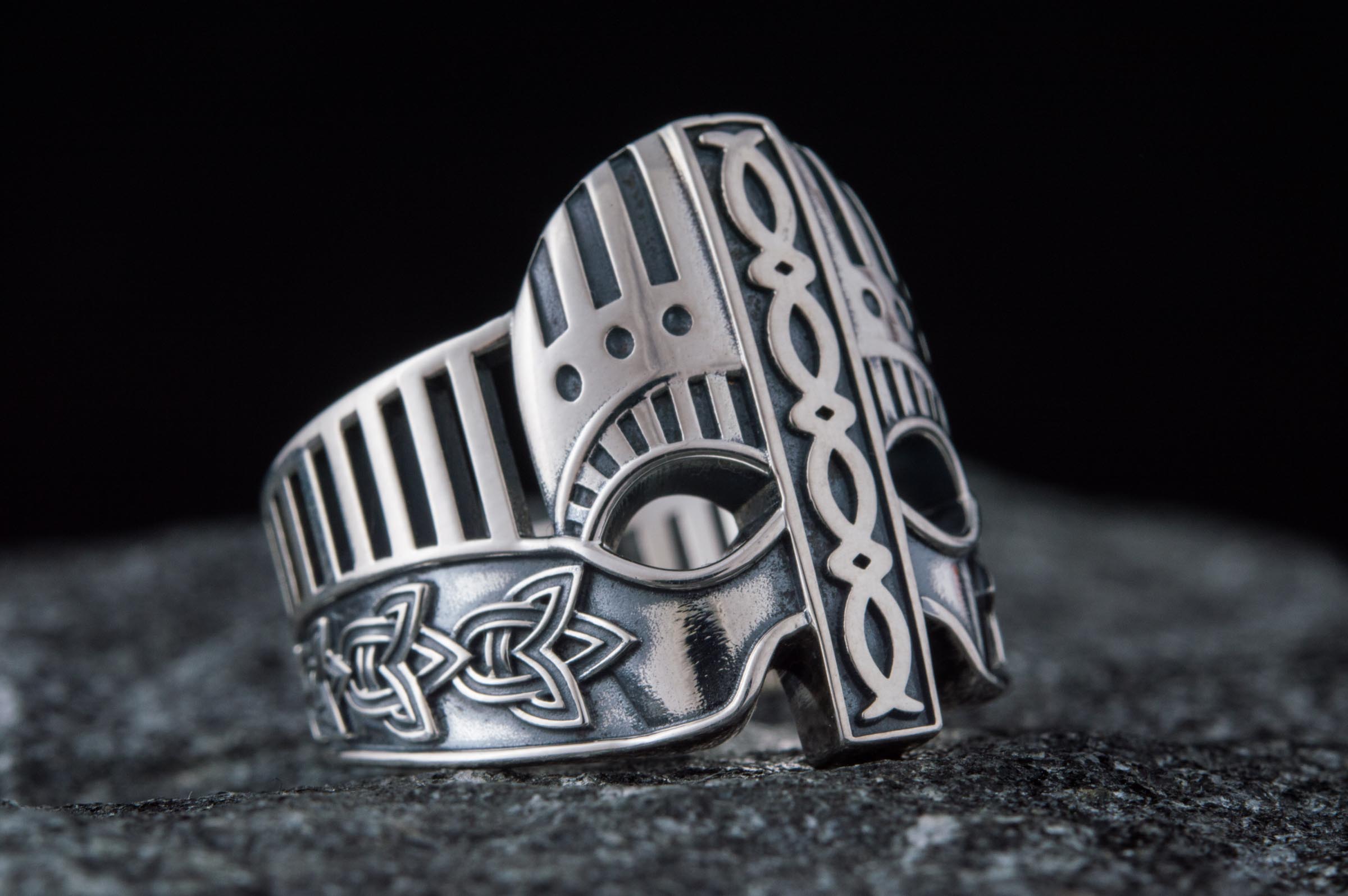 Viking Helmet with Norse Ornament Sterling Silver Unique Ring - vikingworkshop