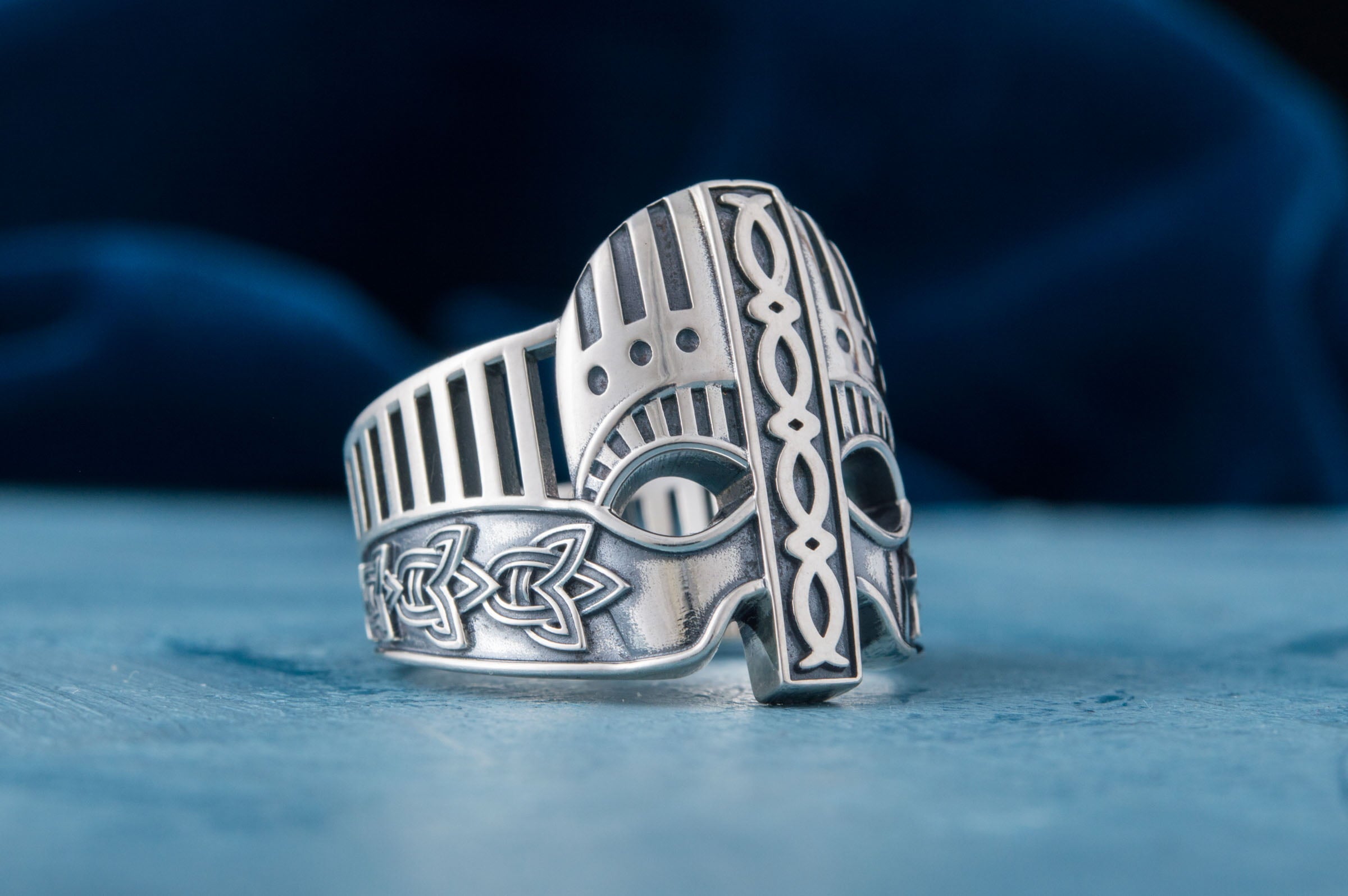 Viking Helmet with Norse Ornament Sterling Silver Unique Ring - vikingworkshop