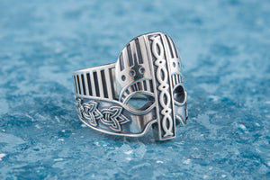 Viking Helmet with Norse Ornament Sterling Silver Unique Ring - vikingworkshop