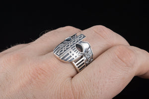 Viking Helmet with Norse Ornament Sterling Silver Unique Ring - vikingworkshop