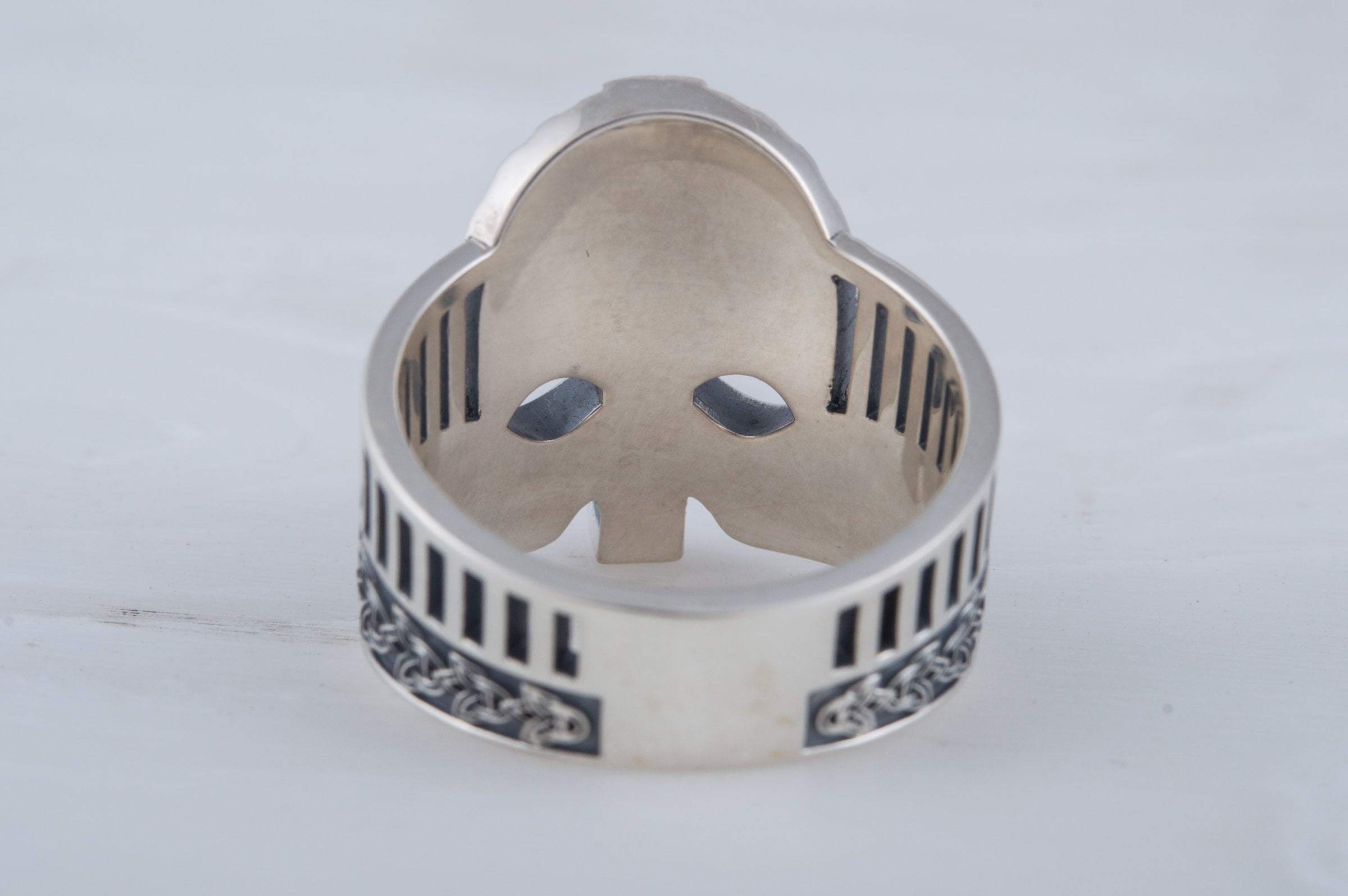 Viking Helmet with Norse Ornament Sterling Silver Unique Ring - vikingworkshop