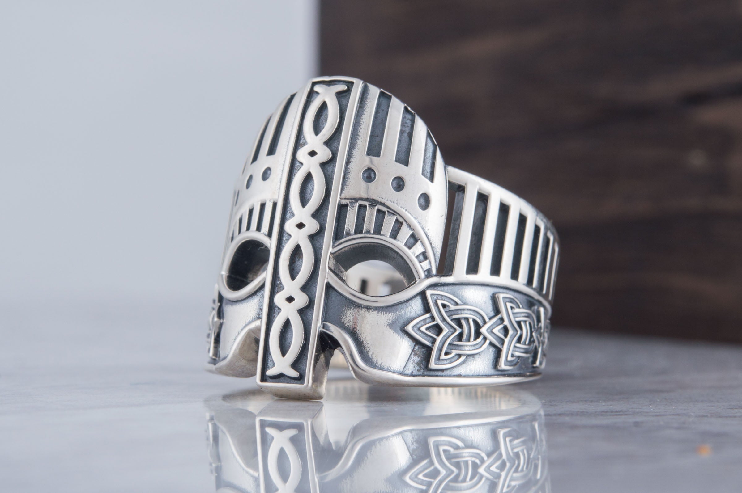 Viking Helmet with Norse Ornament Sterling Silver Unique Ring - vikingworkshop