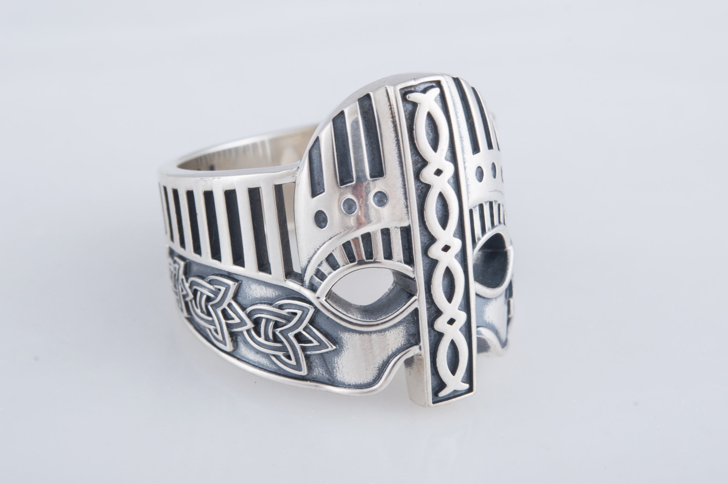 Viking Helmet with Norse Ornament Sterling Silver Unique Ring - vikingworkshop