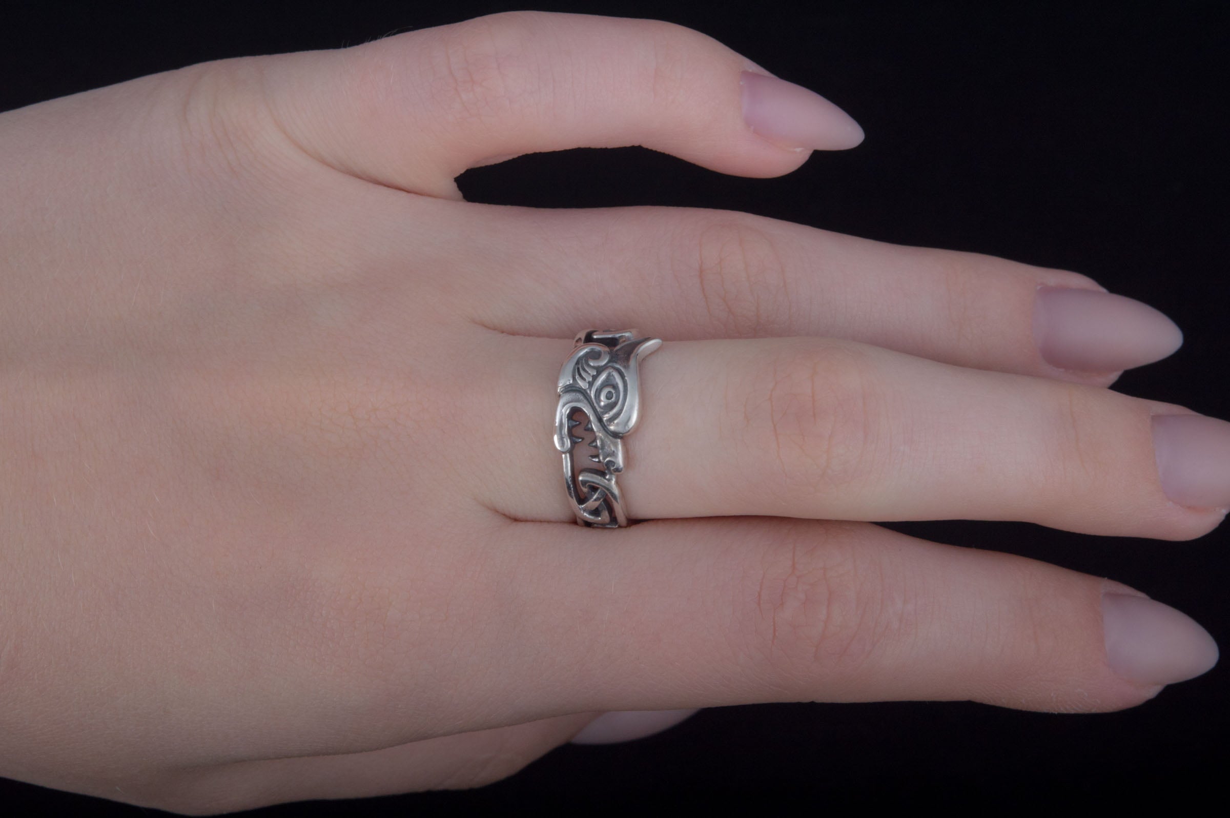 Fenrir Ring with Viking Ornament Sterling Silver Norse Jewelry - vikingworkshop