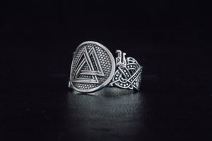 Valknut Symbol Ring with Wolf Ornament Sterling Silver Norse Jewelry - vikingworkshop