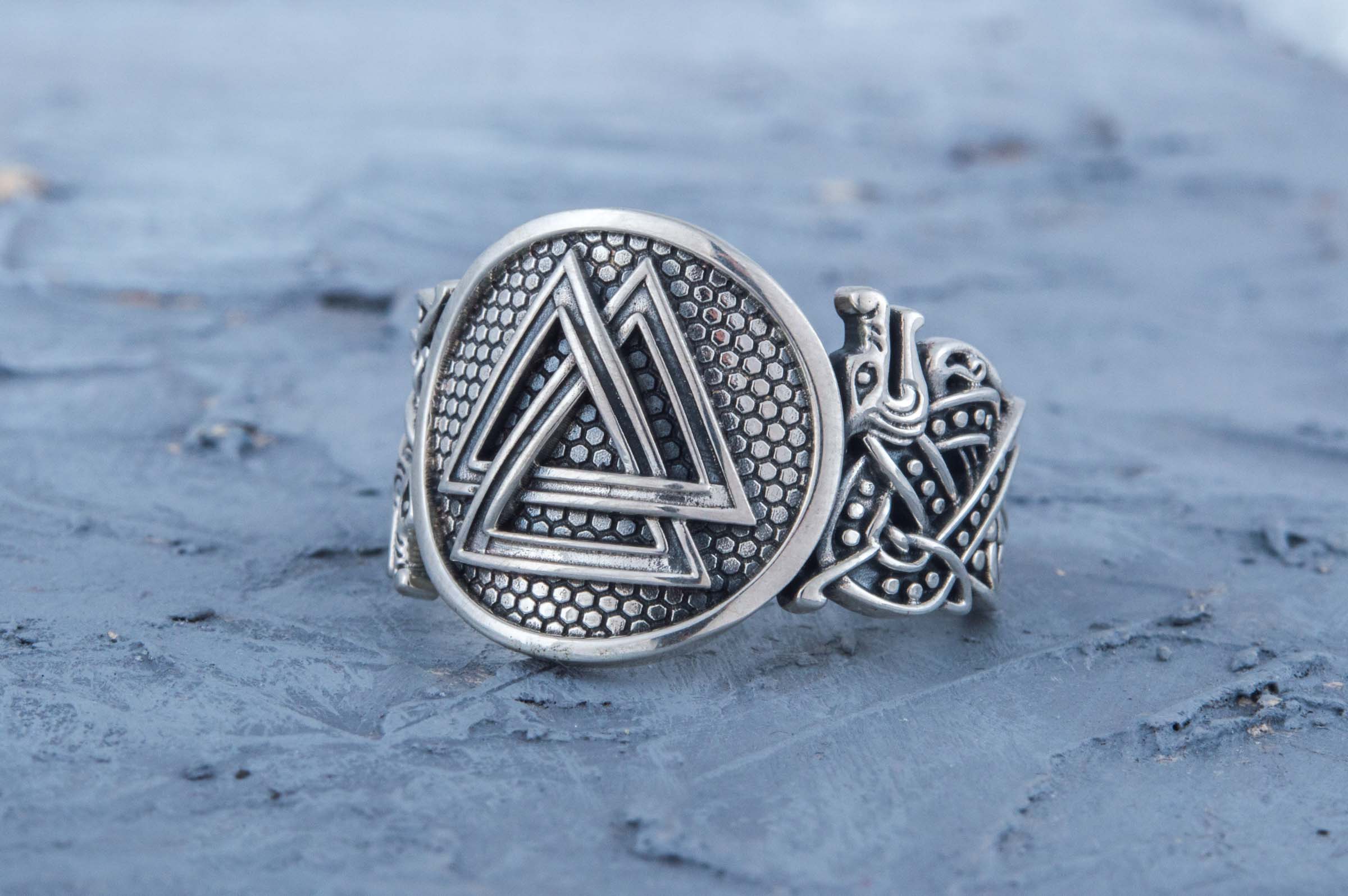 Valknut Symbol Ring with Wolf Ornament Sterling Silver Norse Jewelry - vikingworkshop