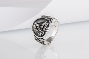 Valknut Symbol Ring with Wolf Ornament Sterling Silver Norse Jewelry - vikingworkshop