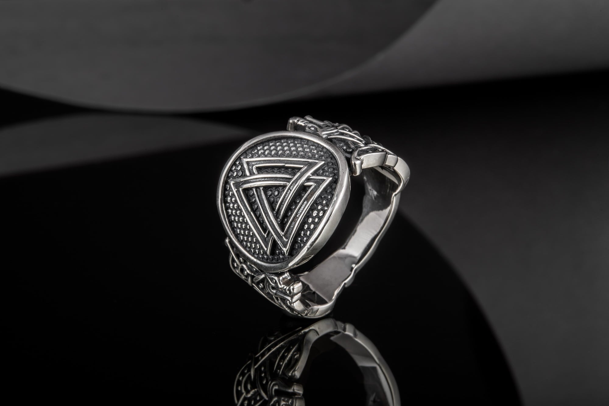 Valknut Symbol Ring with Wolf Ornament Sterling Silver Norse Jewelry - vikingworkshop