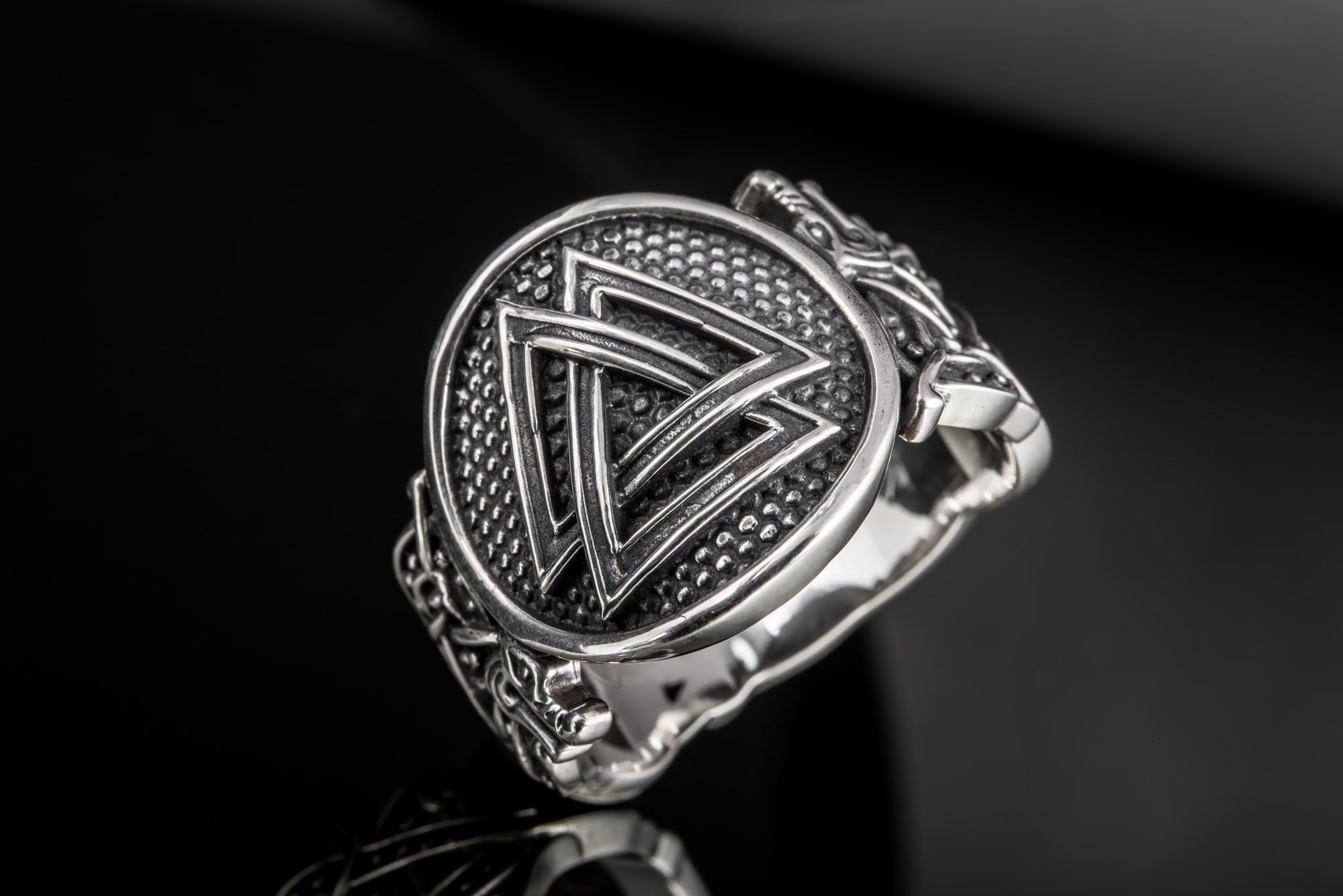 Valknut Symbol Ring with Wolf Ornament Sterling Silver Norse Jewelry - vikingworkshop