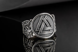 Valknut Symbol Ring with Wolf Ornament Sterling Silver Norse Jewelry - vikingworkshop