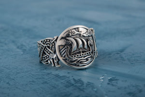 Drakkar Symbol with Wolf Ornament Ring Sterling Silver Unique Jewelry - vikingworkshop