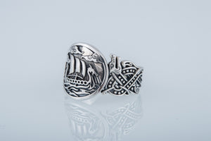 Drakkar Symbol with Wolf Ornament Ring Sterling Silver Unique Jewelry - vikingworkshop