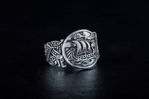 Drakkar Symbol with Wolf Ornament Ring Sterling Silver Unique Jewelry - vikingworkshop