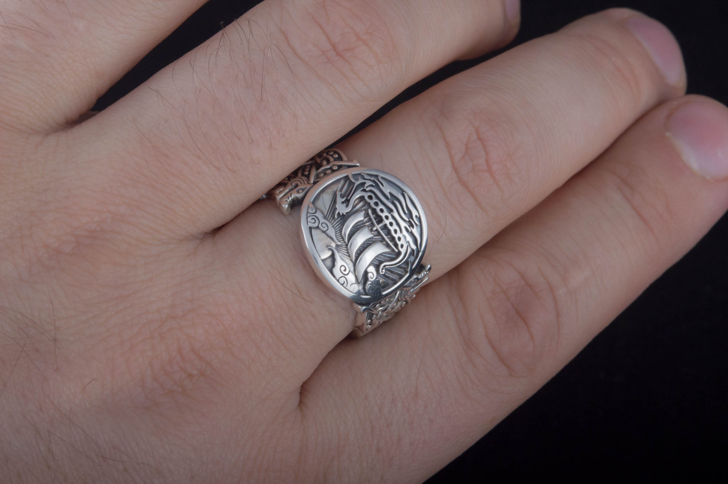 Drakkar Symbol with Wolf Ornament Ring Sterling Silver Unique Jewelry - vikingworkshop