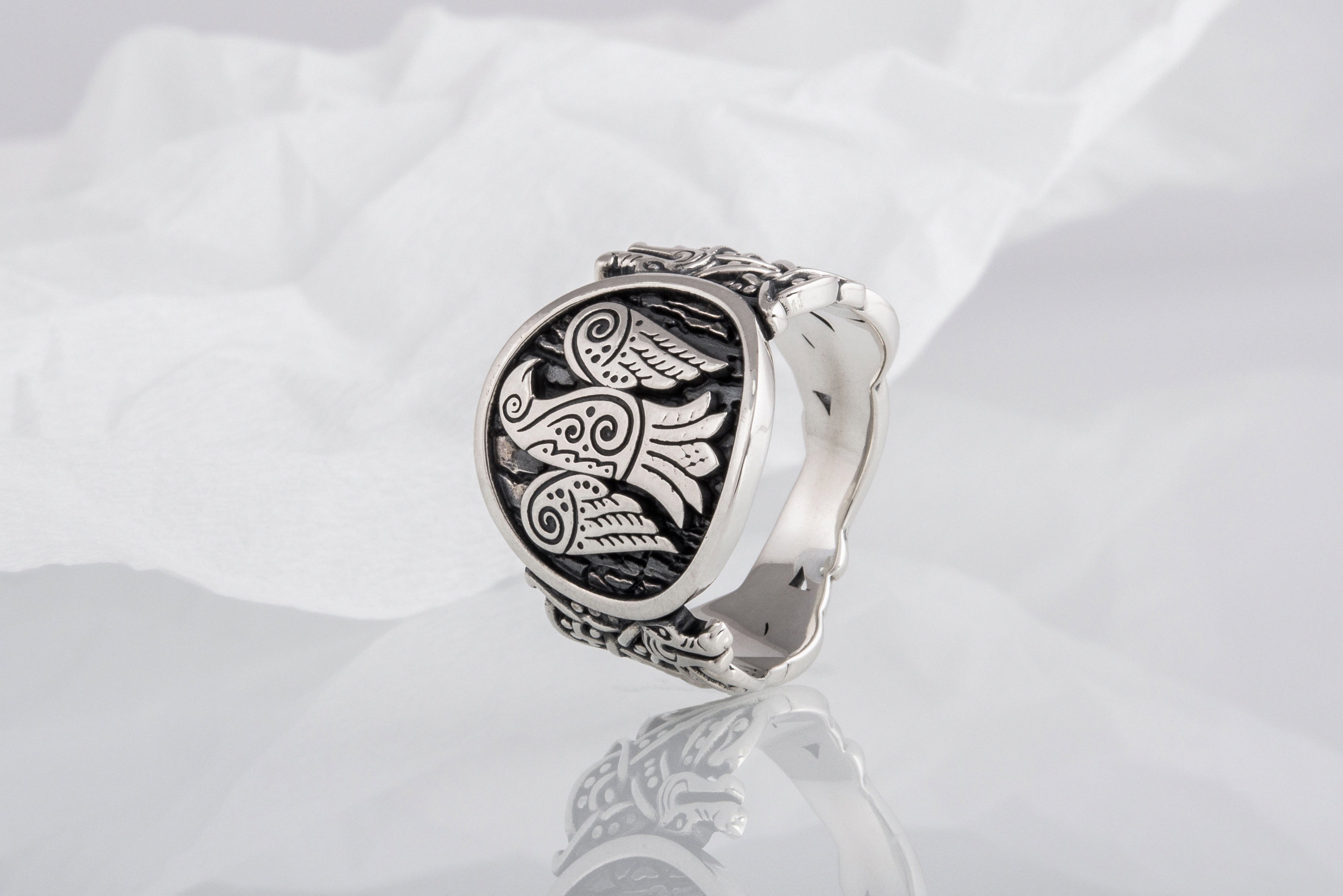 Raven Symbol with Wolf Ornament Sterling Silver Unique Ring - vikingworkshop