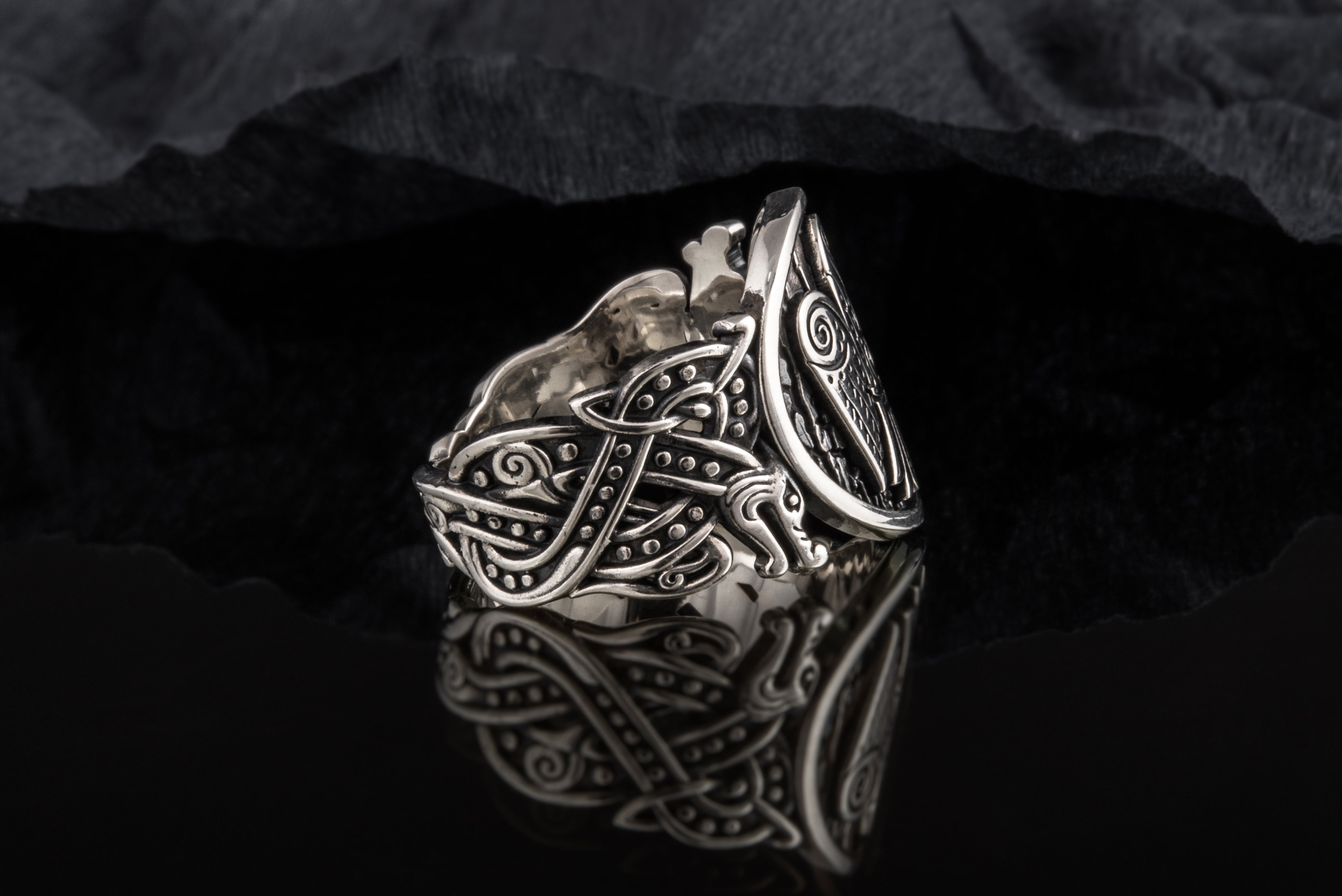 Raven Symbol with Wolf Ornament Sterling Silver Unique Ring - vikingworkshop