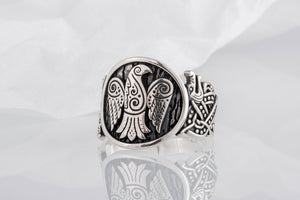 Raven Symbol with Wolf Ornament Sterling Silver Unique Ring - vikingworkshop