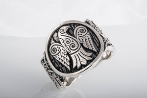 Raven Symbol with Wolf Ornament Sterling Silver Unique Ring - vikingworkshop