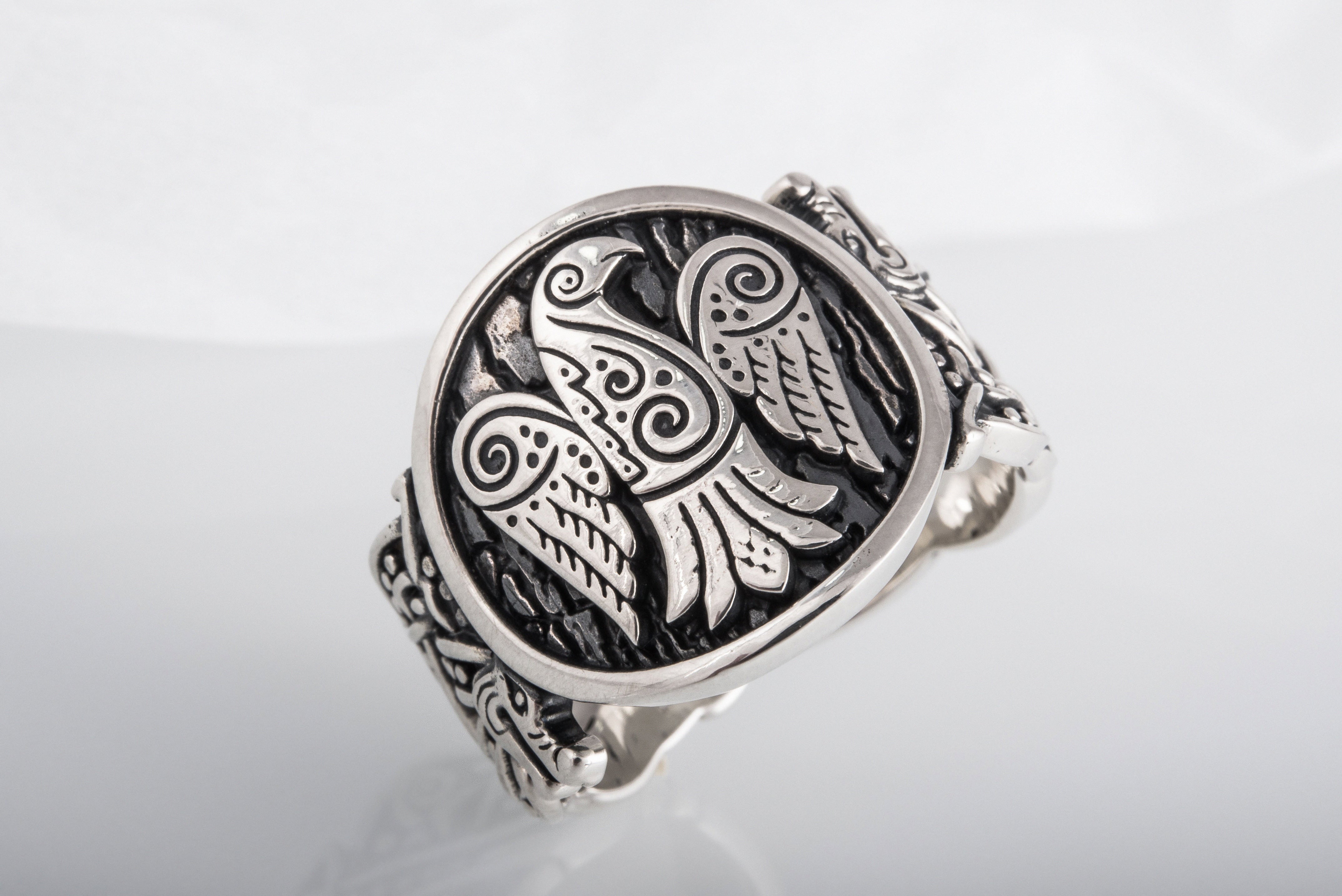 Raven Symbol with Wolf Ornament Sterling Silver Unique Ring - vikingworkshop