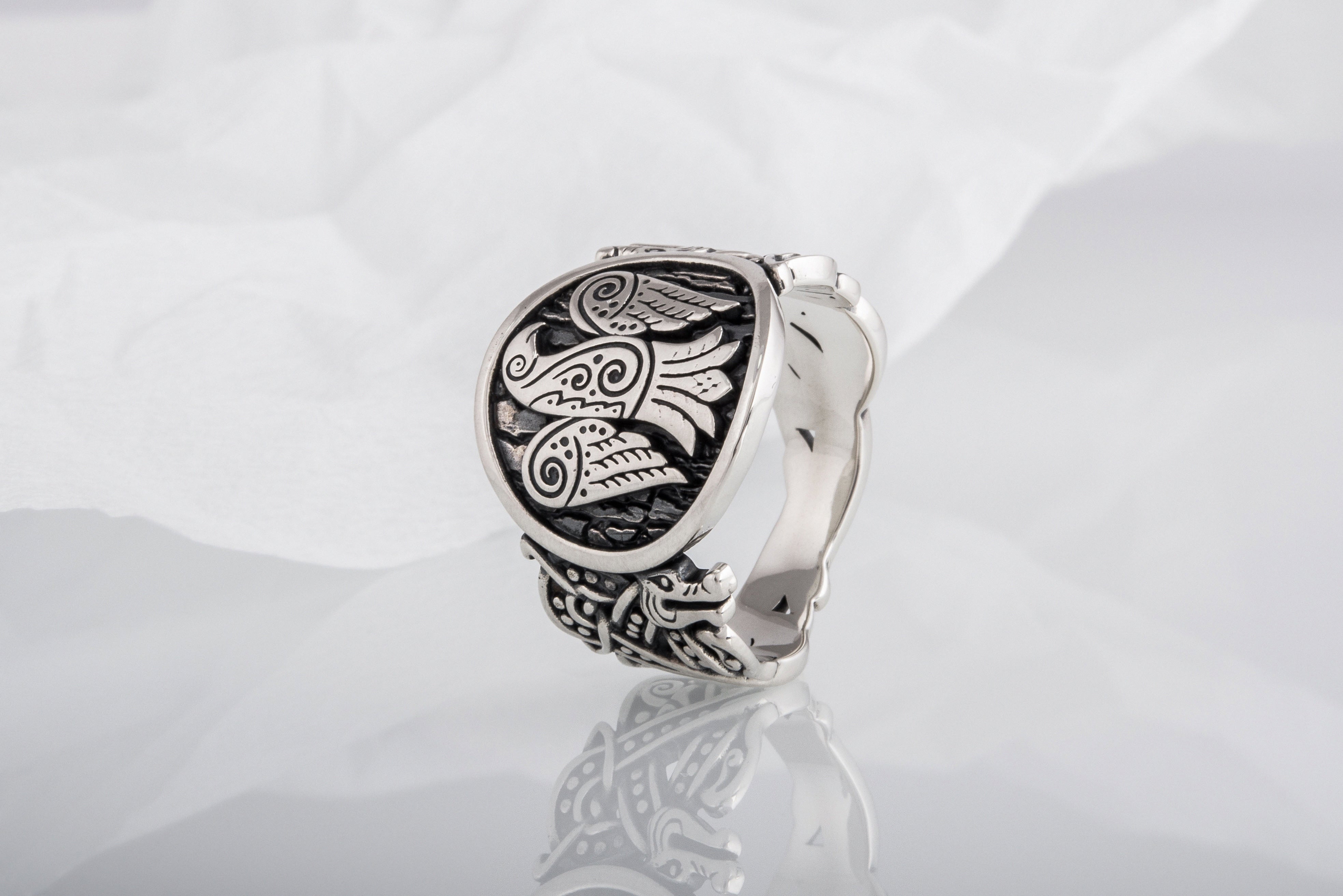 Raven Symbol with Wolf Ornament Sterling Silver Unique Ring - vikingworkshop