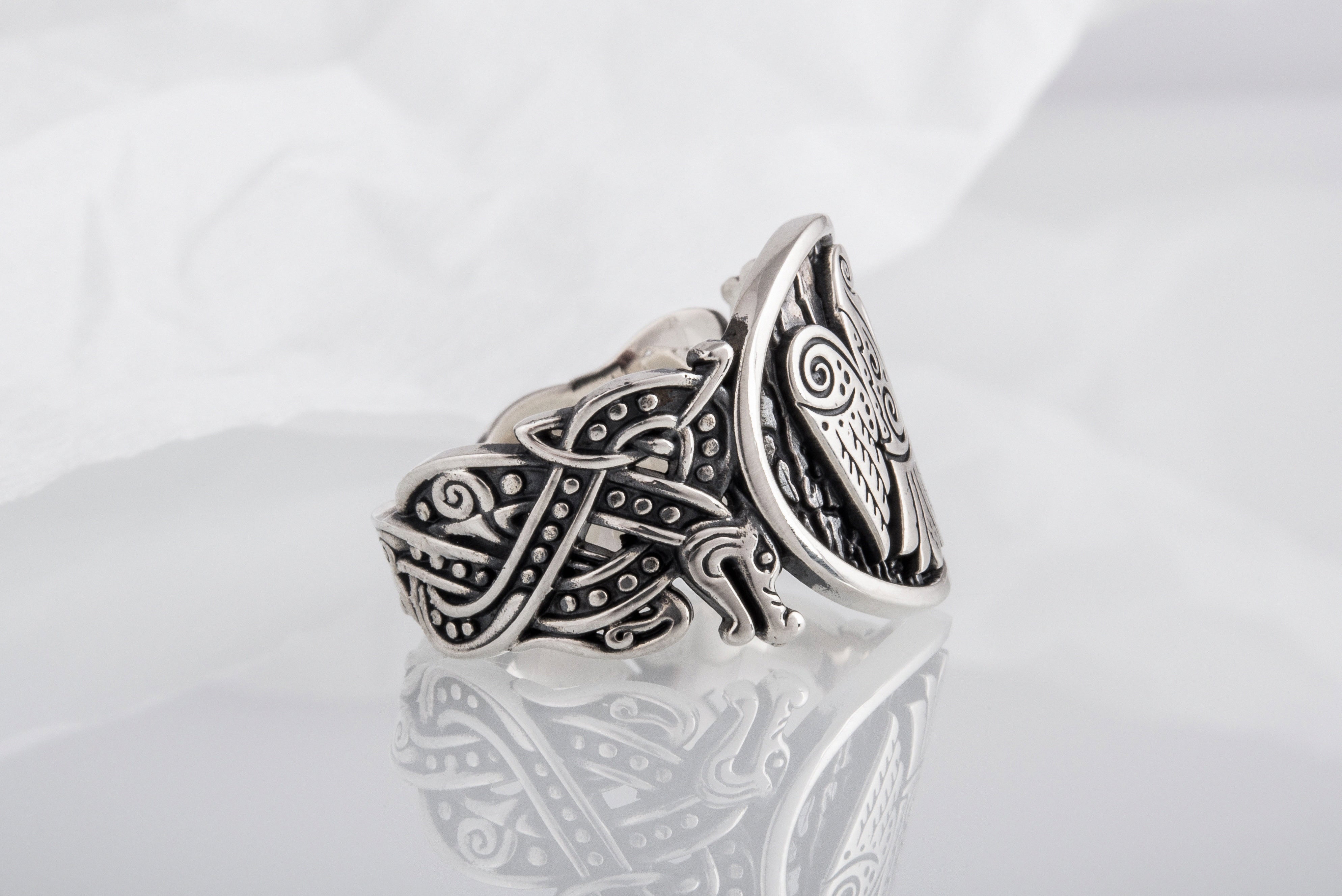 Raven Symbol with Wolf Ornament Sterling Silver Unique Ring - vikingworkshop