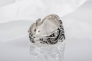 Raven Symbol with Wolf Ornament Sterling Silver Unique Ring - vikingworkshop