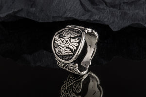 Raven Symbol with Wolf Ornament Sterling Silver Unique Ring - vikingworkshop